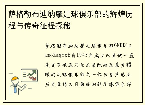 萨格勒布迪纳摩足球俱乐部的辉煌历程与传奇征程探秘