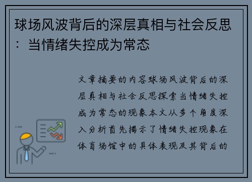 球场风波背后的深层真相与社会反思：当情绪失控成为常态